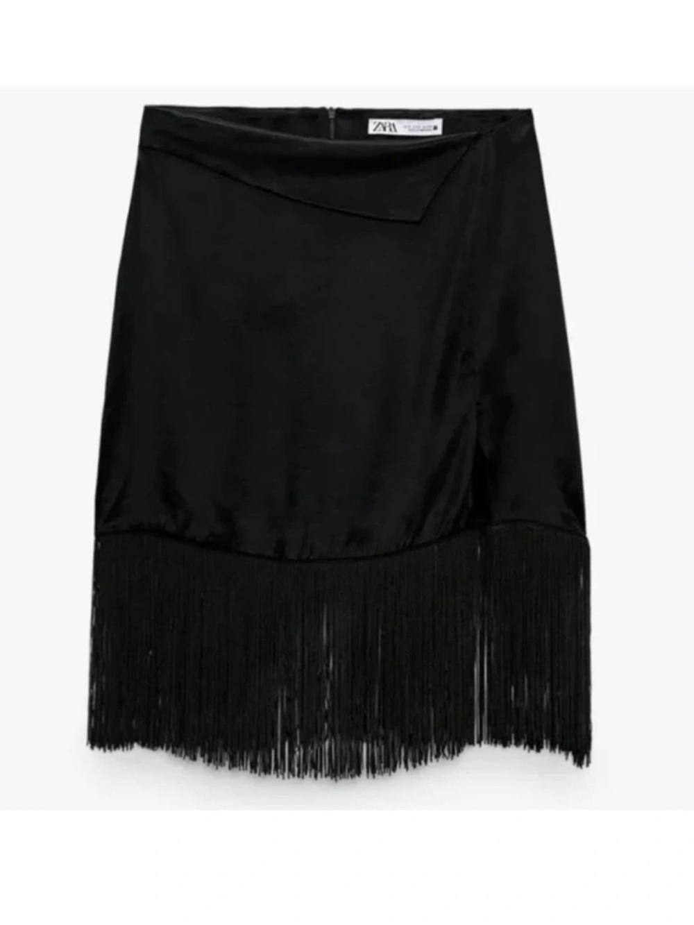 Zara Black Satin Fringe Mini-Midi Skirt